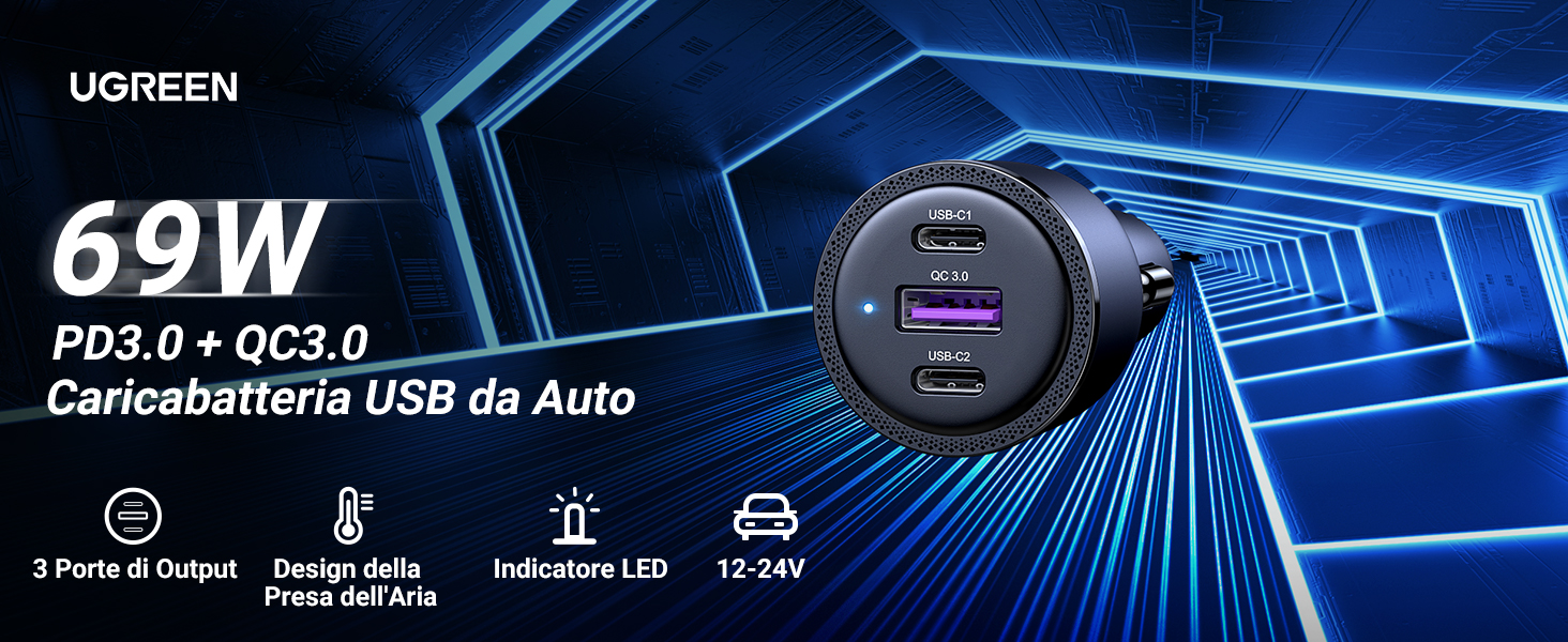 Caricatore USB C da auto: UGREEN 69W PD 65W e 20W con QC 3.0