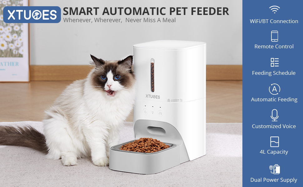 XTUOES 4L Pet Feeder Automatico: Controllo Remoto e Programmazione dei Pasti con un’App