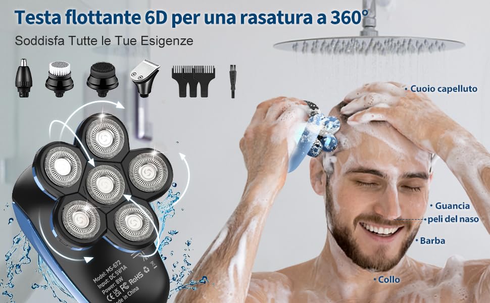 Testa Calva e Barba Perfetta con il Rasoio Elettrico 6 in 1